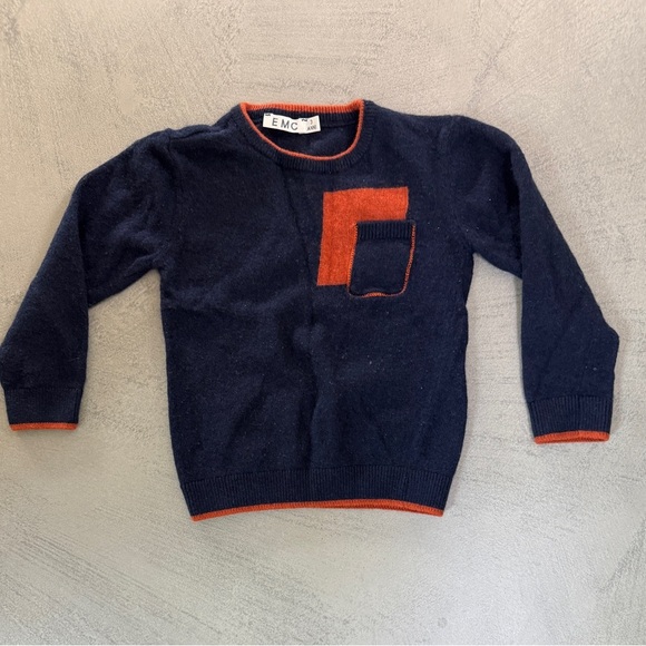 EMC Kids Cashmere Sweater Navy Blue With Orange Detail - Picture 1 of 3